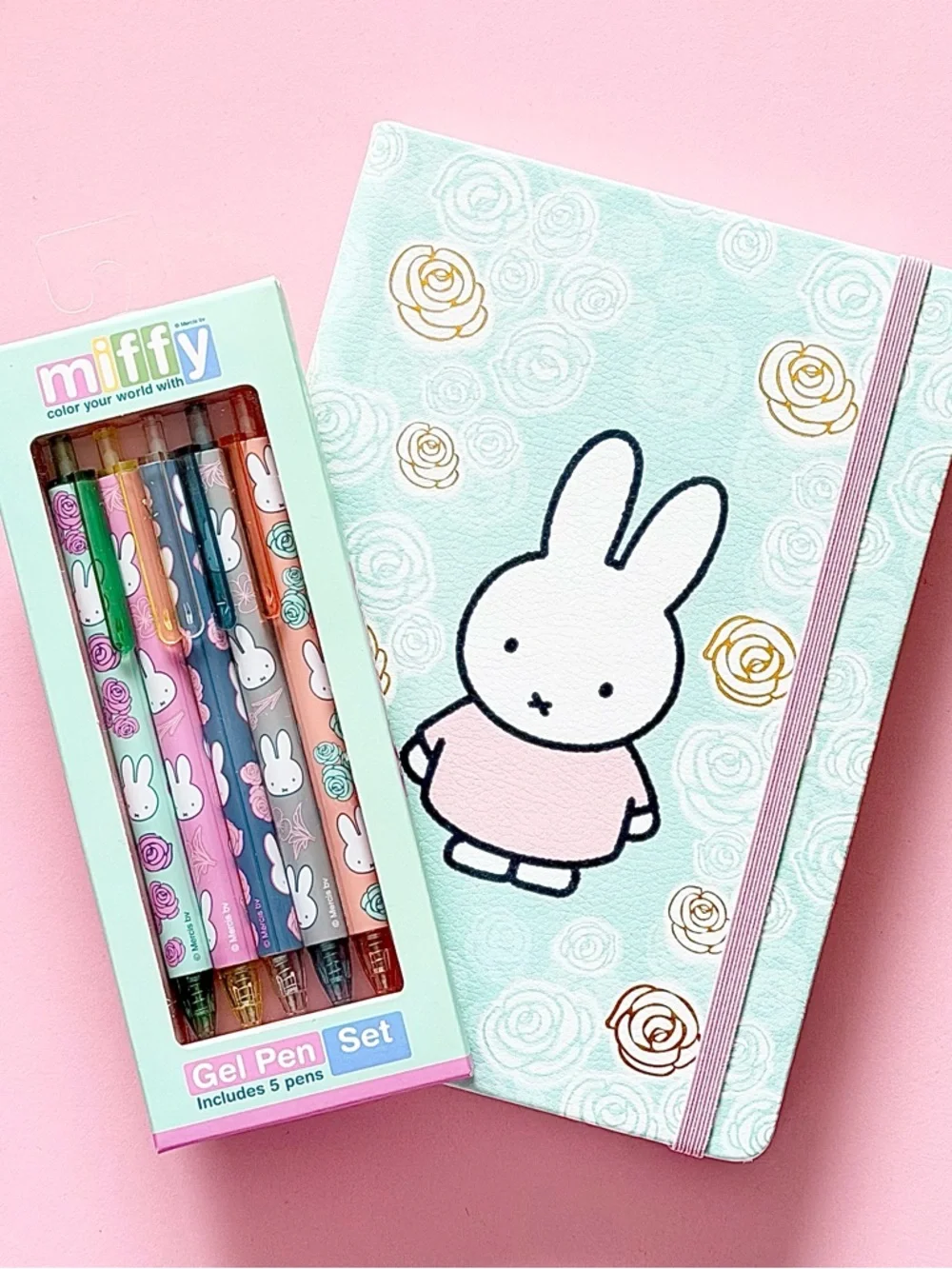 miffy Pastel Mint & Pink Gel Pen Set with Floral Miffy Notebook - Picture 1 of 4